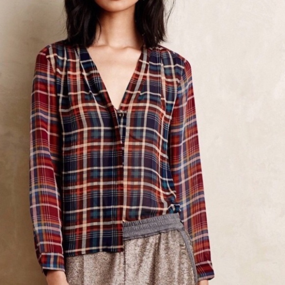 Anthropologie Maeve Sheer Multi Plaid Button Down